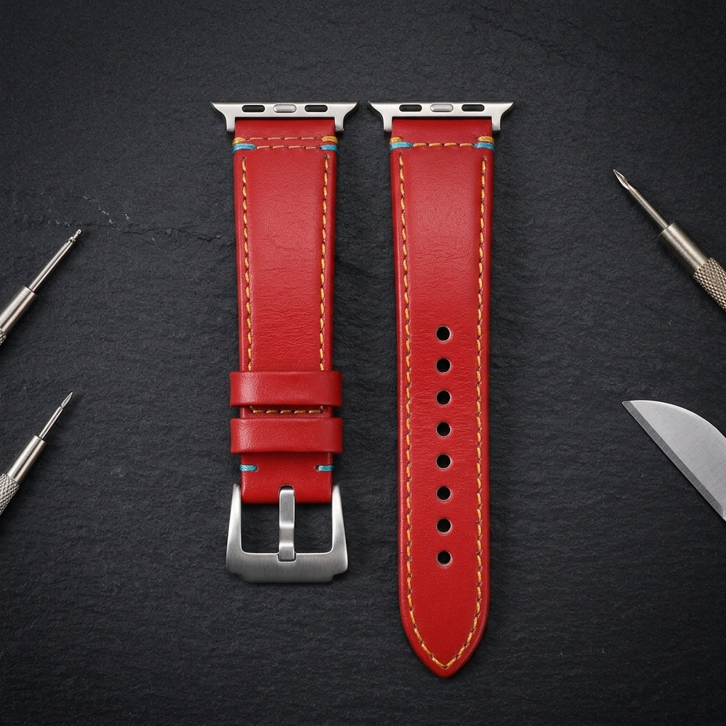 Boshek Red Genuine Leather Watch Strap – Yellow & Blue Stitch, Silver Buckle, Quick Release | FS307