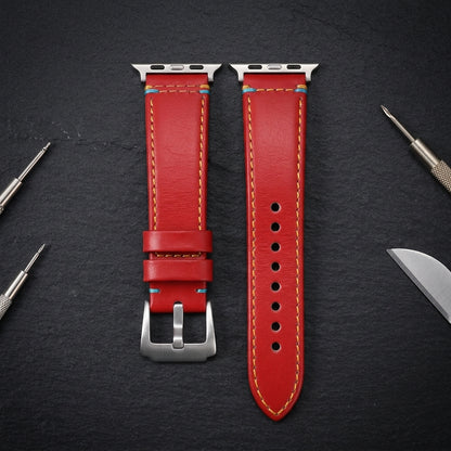 Boshek Red Genuine Leather Watch Strap – Yellow & Blue Stitch, Silver Buckle, Quick Release | FS307