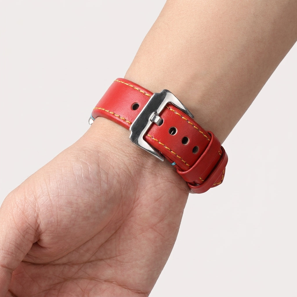 Boshek Red Genuine Leather Watch Strap – Yellow & Blue Stitch, Silver Buckle, Quick Release | FS307