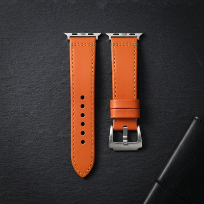 Boshek Orange Genuine Leather Watch Strap – Yellow & Blue Stitch, Silver Buckle, Quick Release | FS307
