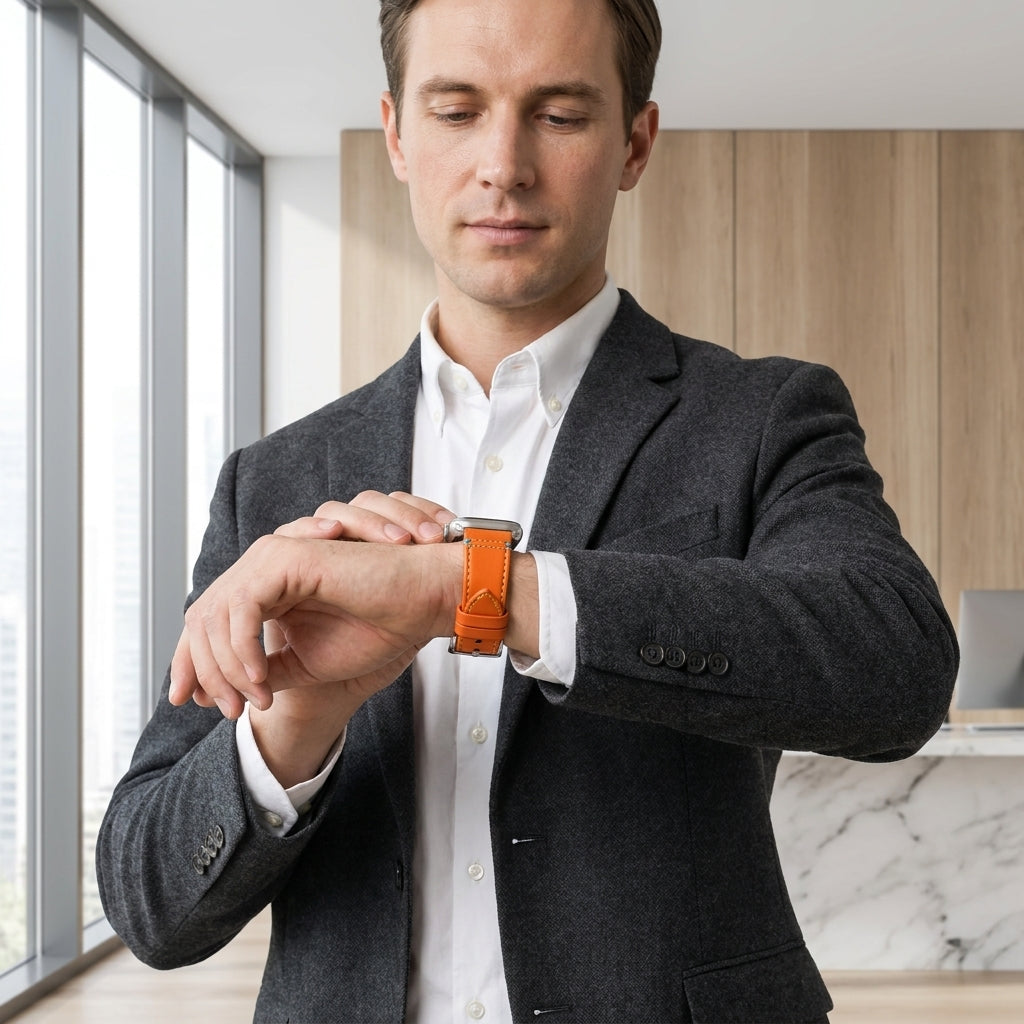 Boshek Orange Genuine Leather Watch Strap – Yellow & Blue Stitch, Silver Buckle, Quick Release | FS307