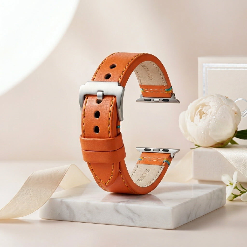 Boshek Orange Genuine Leather Watch Strap – Yellow & Blue Stitch, Silver Buckle, Quick Release | FS307