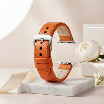 Boshek Orange Genuine Leather Watch Strap – Yellow & Blue Stitch, Silver Buckle, Quick Release | FS307
