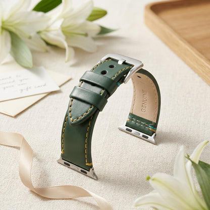 Boshek Green Genuine Leather Watch Strap – Yellow & Blue Stitch, Silver Buckle, Quick Release | FS307
