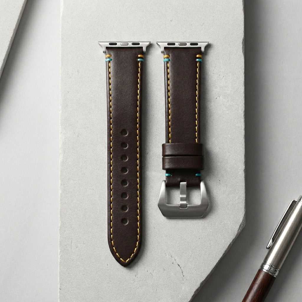 Boshek Brown Genuine Leather Watch Strap – Yellow & Blue Stitch, Silver Buckle, Quick Release | FS307