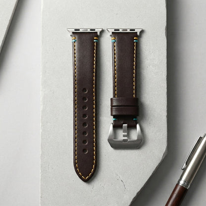 Boshek Brown Genuine Leather Watch Strap – Yellow & Blue Stitch, Silver Buckle, Quick Release | FS307