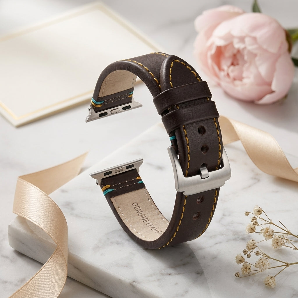 Boshek Brown Genuine Leather Watch Strap – Yellow & Blue Stitch, Silver Buckle, Quick Release | FS307