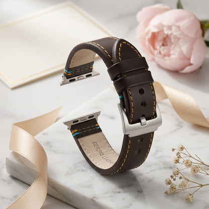 Boshek Brown Genuine Leather Watch Strap – Yellow & Blue Stitch, Silver Buckle, Quick Release | FS307
