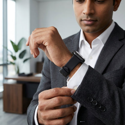 Boshek Black Genuine Leather Watch Strap. Black Stainless Steel Buckle Self Changeable FS308-BK-42-B