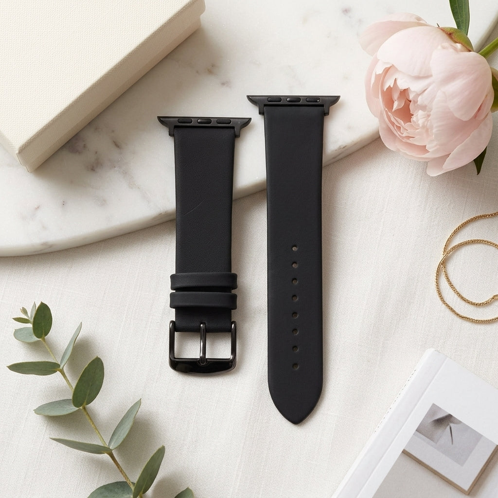 Boshek Black Genuine Leather Watch Strap. Black Stainless Steel Buckle Self Changeable FS308-BK-42-B