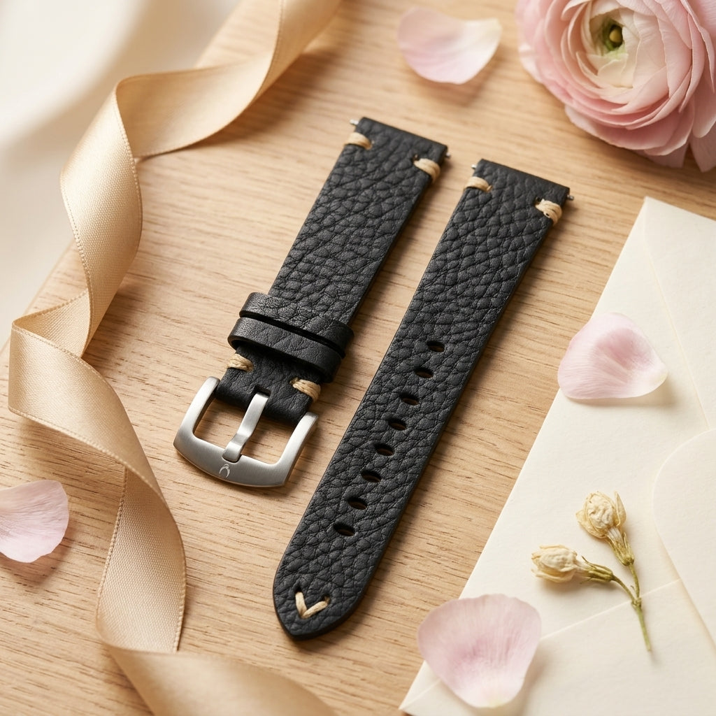 Omax Premium Black Leather Watch Strap for Men | Soft Textured Genuine Finish | Durable Stainless Steel Buckle |FS416-BK-20-S