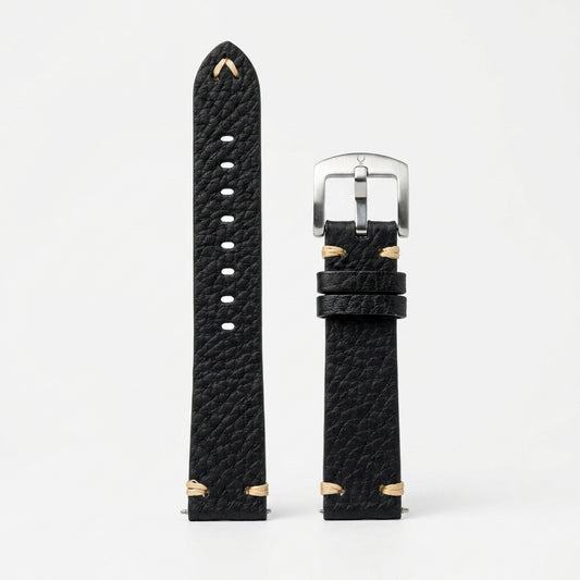 Omax Premium Black Leather Watch Strap for Men | Soft Textured Genuine Finish | Durable Stainless Steel Buckle |FS416-BK-20-S