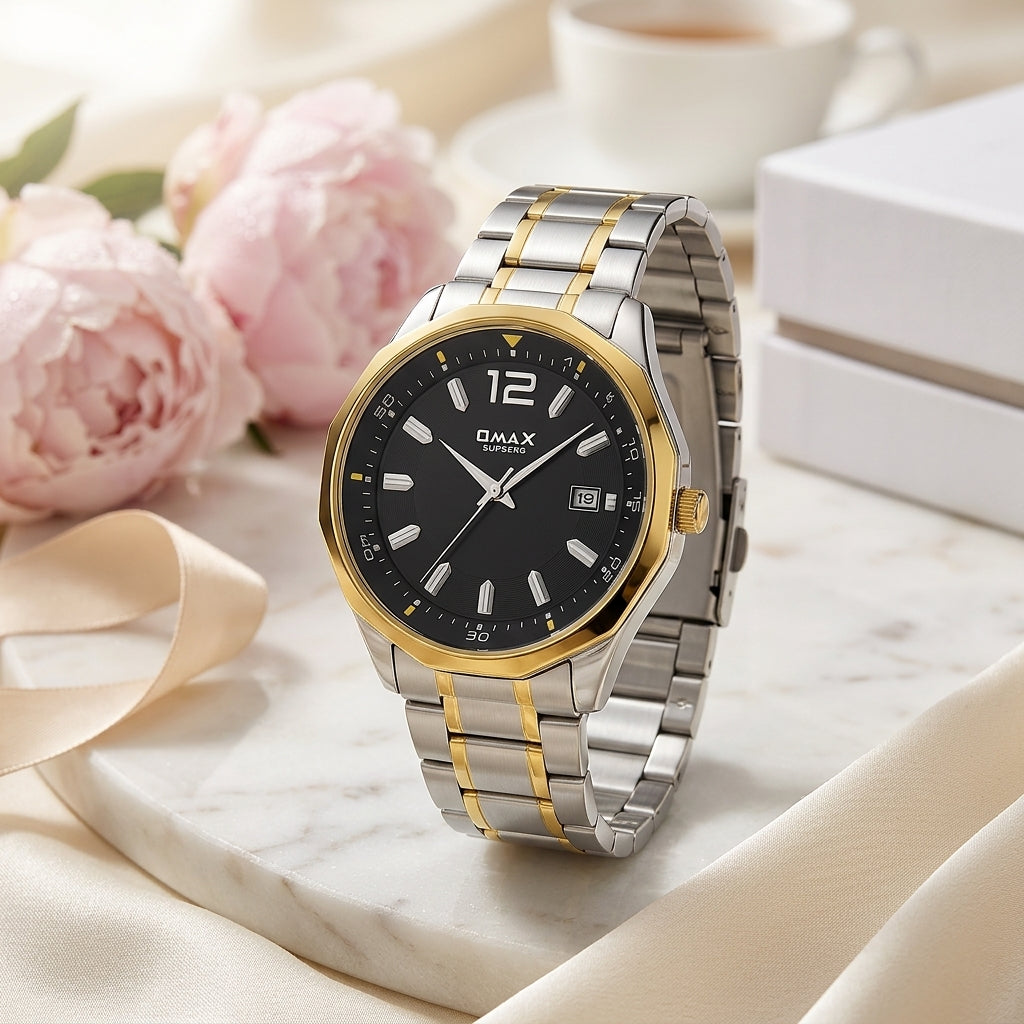Omax Black Dial Stainless Steel Two Tone Gold and Silver Chain Watch for Men-BGS440