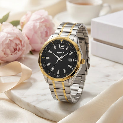Omax Black Dial Stainless Steel Two Tone Gold and Silver Chain Watch for Men-BGS440