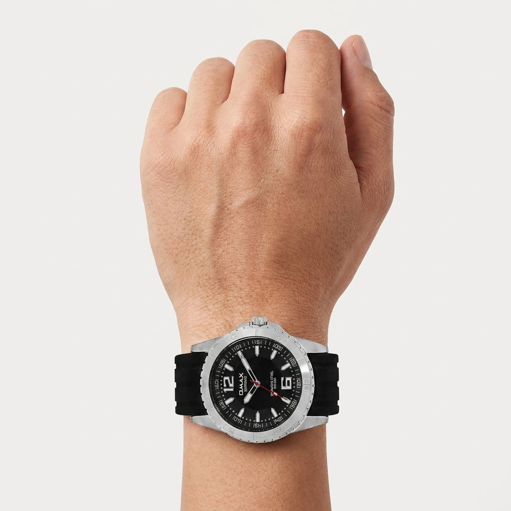 Omax Black Dial Silver Case with Black Soft Silicone Mens Watch SS277