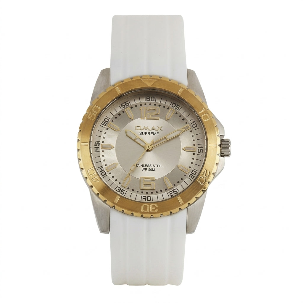 Omax Men's White Dial Gold Case White Silicone Watch – Analog, 42mm | SS278