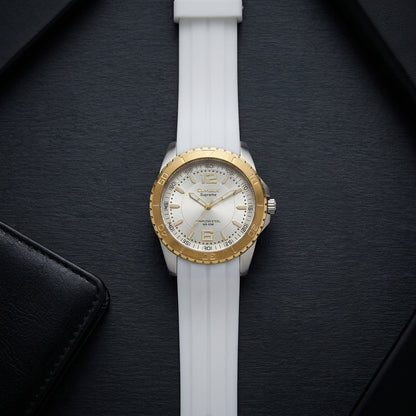 Omax Men's White Dial Gold Case White Silicone Watch – Analog, 42mm | SS278