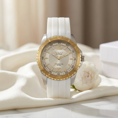 Omax Men's White Dial Gold Case White Silicone Watch – Analog, 42mm | SS278
