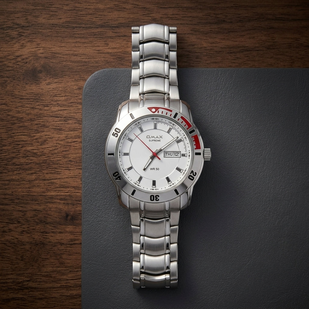 Omax White Dial Day Date Silver Stainless Steel Bracelet Watch for Men – SS192