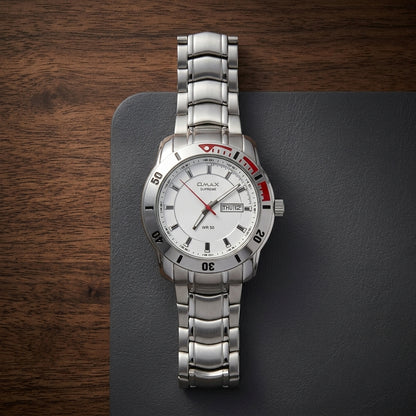 Omax White Dial Day Date Silver Stainless Steel Bracelet Watch for Men – SS192