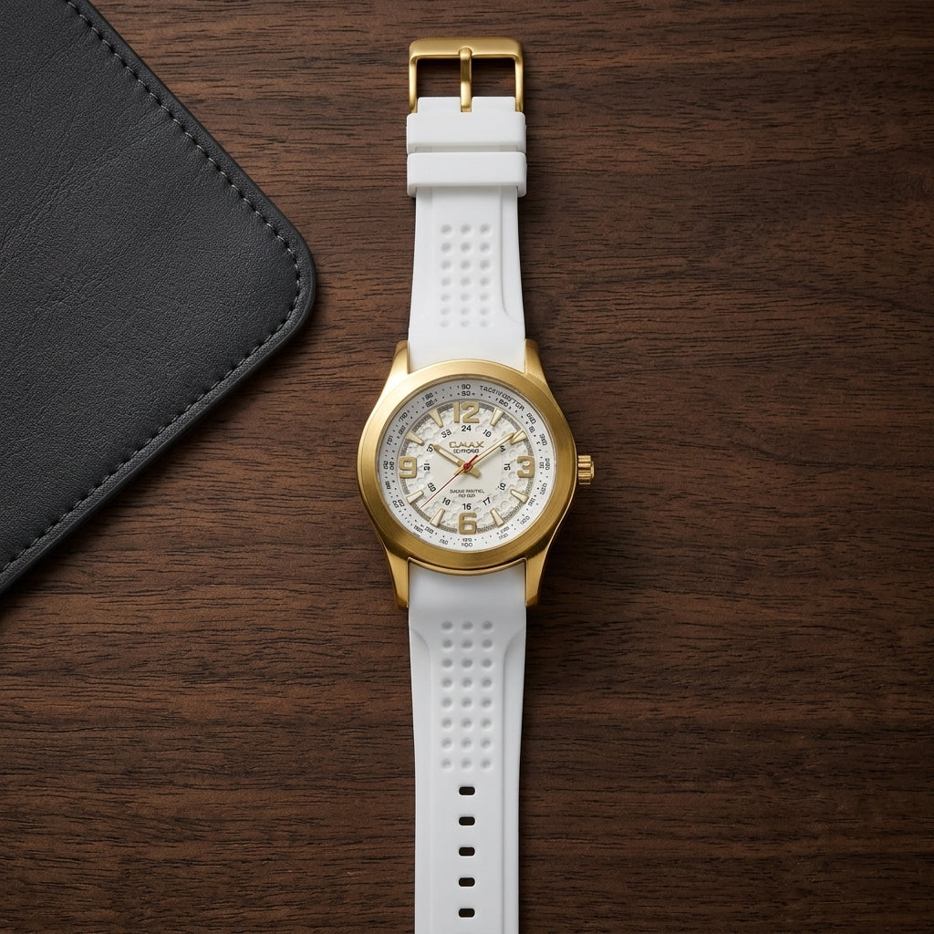 Omax Men's White Dial Golden Case White Silicone Watch for Men | SS369