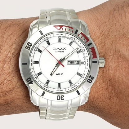 Omax White Dial Day Date Silver Stainless Steel Bracelet Watch for Men – SS192