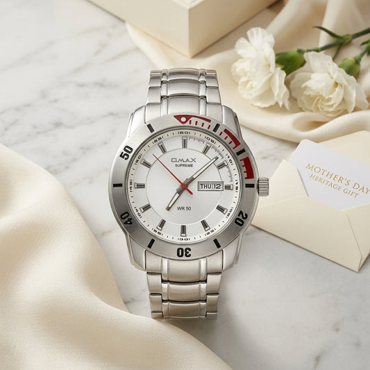 Omax White Day Date  Dial With Silver Stainless Steel Bracelet  Chain Watch for Men - SS192