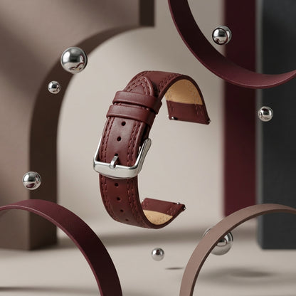 Omax 22mm Burgundy Genuine Leather Watch Strap – Double Stitch, Silver Buckle | FS347