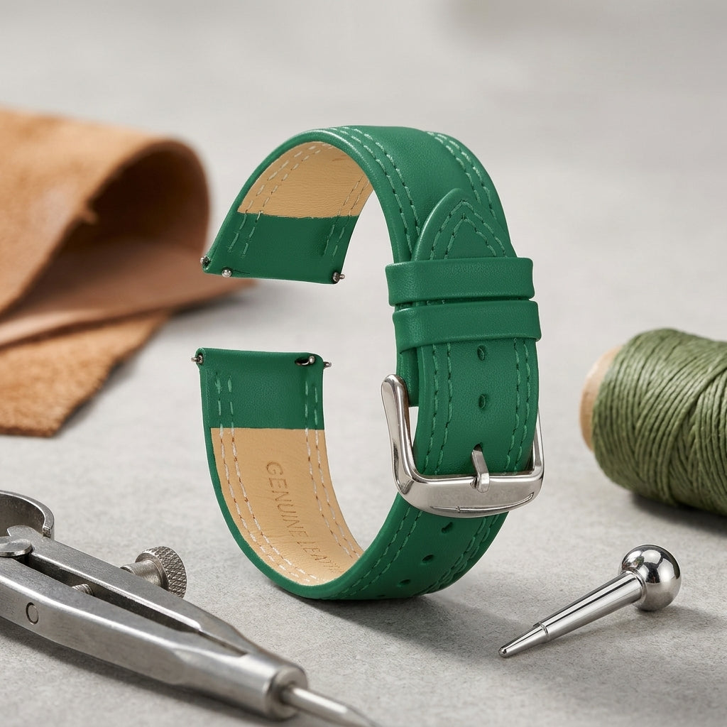 Omax 22mm Green Solid Genuine Leather Watch Strap-Double Stitch for Quick Release and Self Changeable FS347