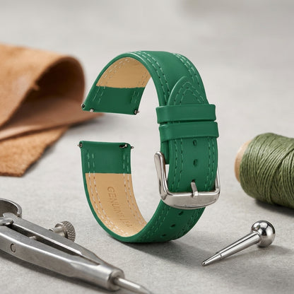 Omax 22mm Green Solid Genuine Leather Watch Strap-Double Stitch for Quick Release and Self Changeable FS347