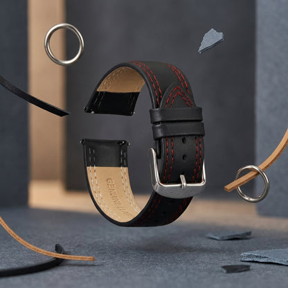 Omax 22mm Dark Black Solid Genuine Leather Watch Strap Double Stitch for Quick Release and Self Changeable| FS348
