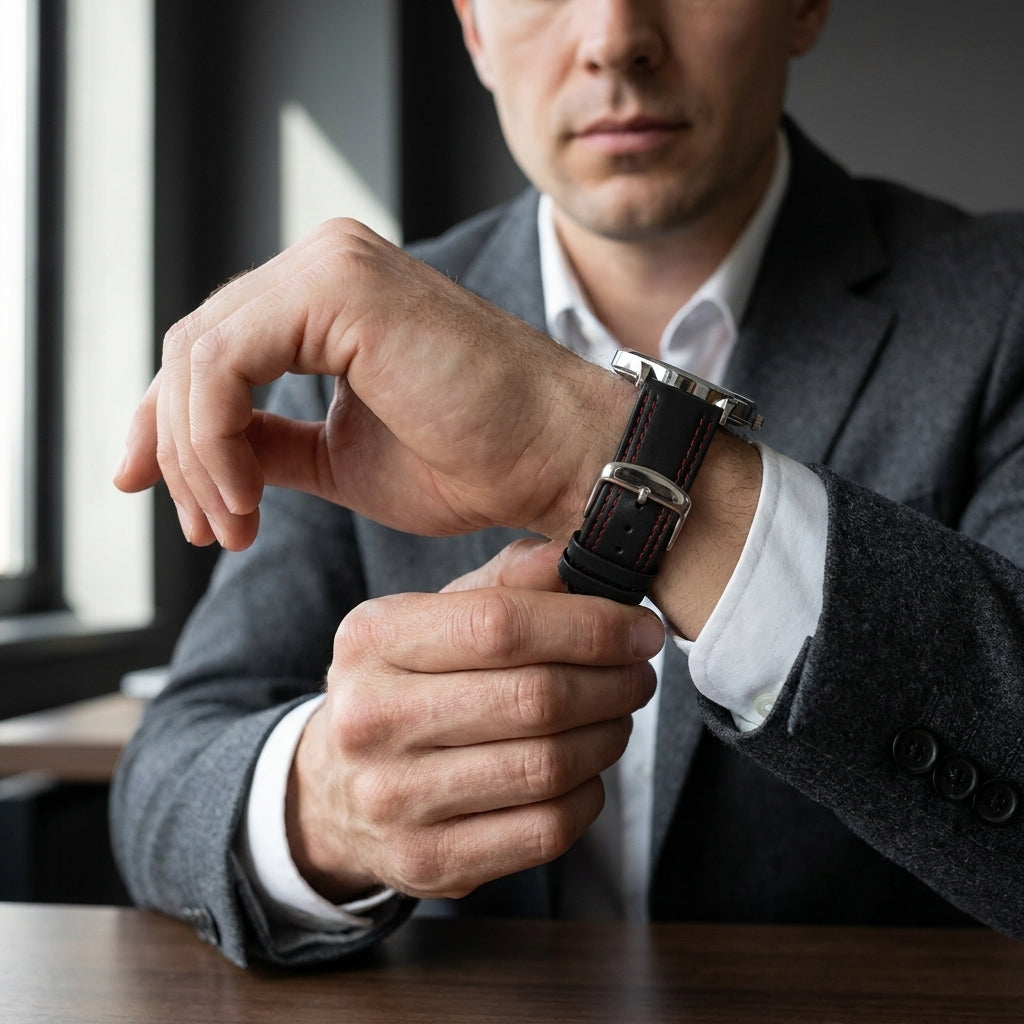Omax 22mm Dark Black Solid Genuine Leather Watch Strap Double Stitch for Quick Release and Self Changeable| FS348