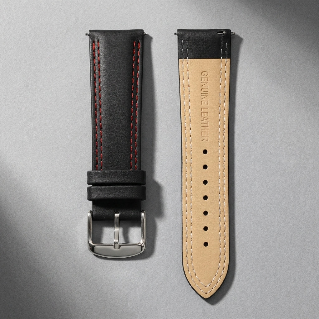 Omax 22mm Dark Black Solid Genuine Leather Watch Strap Double Stitch for Quick Release and Self Changeable| FS348
