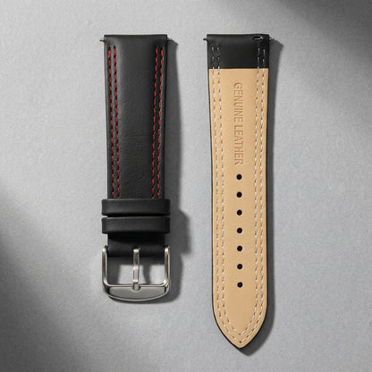 Omax 22mm Dark Black Solid Genuine Leather Watch Strap Double Stitch for Quick Release and Self Changeable| FS348
