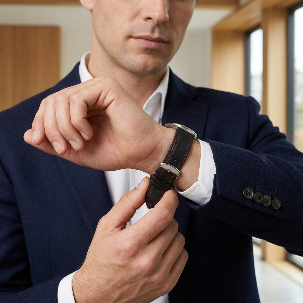 Omax 22mm Dark Black Solid Genuine Leather Watch Strap Double Stitch for Quick Release and Self Changeable| FS348