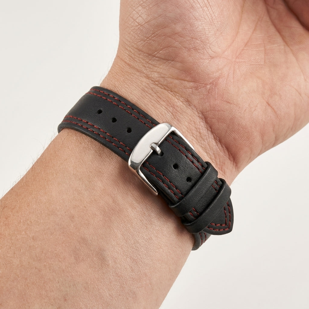 Omax 22mm Dark Black Solid Genuine Leather Watch Strap Double Stitch for Quick Release and Self Changeable| FS348