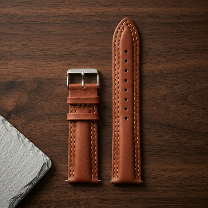 Omax Tan Solid Genuine Leather Watch Strap Double Stitch for Quick Release and Self Changeable| FS348
