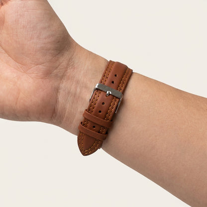 Omax Tan Solid Genuine Leather Watch Strap Double Stitch for Quick Release and Self Changeable| FS348