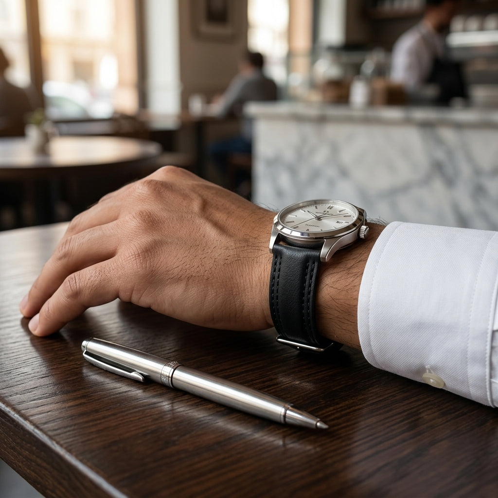 Omax Black Solid Genuine Leather Watch Strap Double Stitch for Quick Release and Self Changeable| FS348