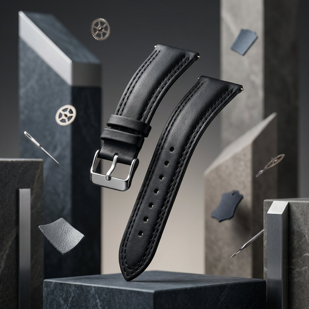 Omax Black Solid Genuine Leather Watch Strap Double Stitch for Quick Release and Self Changeable| FS348