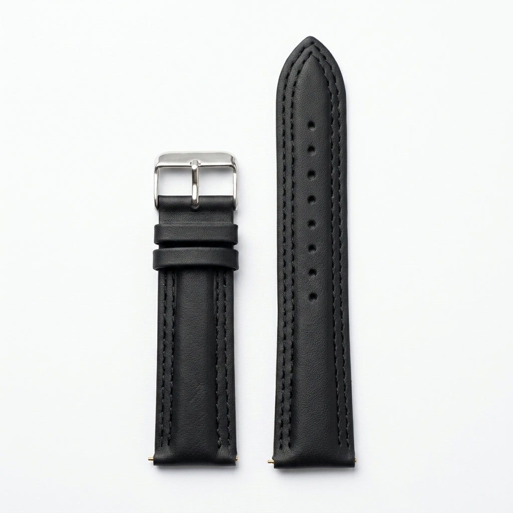 Omax Black Solid Genuine Leather Watch Strap Double Stitch for Quick Release and Self Changeable| FS348