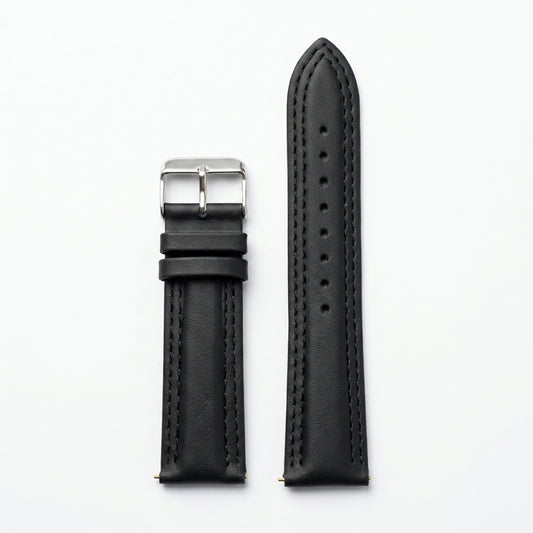Omax Black Solid Genuine Leather Watch Strap Double Stitch for Quick Release and Self Changeable| FS348