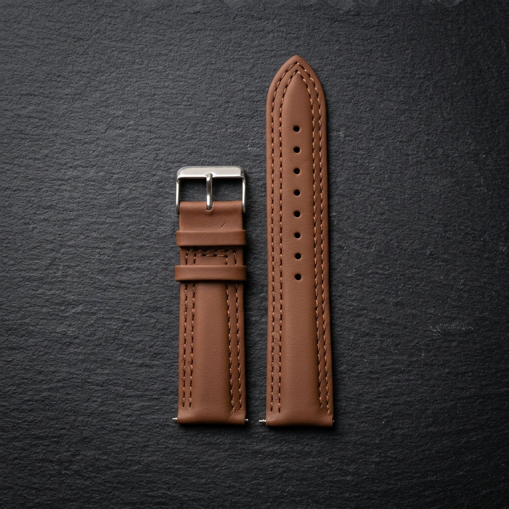 Omax 22mm Black Solid Genuine Leather Watch Strap Double Stitch for Quick Release and Self Changeable| FS348