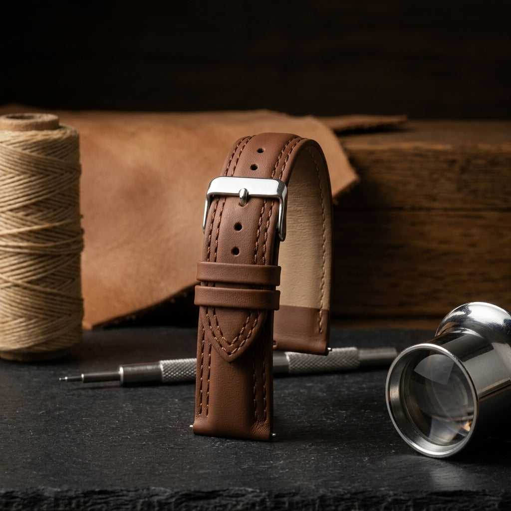 Omax 22mm Black Solid Genuine Leather Watch Strap Double Stitch for Quick Release and Self Changeable| FS348