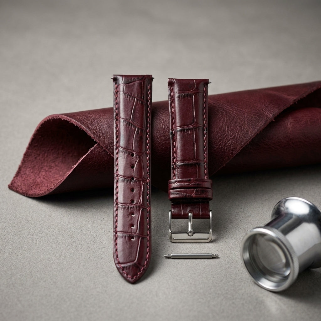 Omax 22mm Burgundy Croco Genuine Leather Watch Strap with Silver Buckle | Quick Release | FS354-BG-22-S