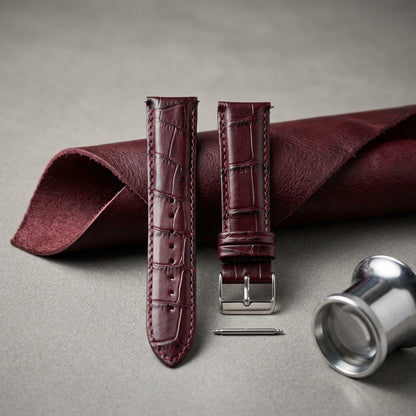 Omax 22mm Burgundy Croco Genuine Leather Watch Strap with Silver Buckle | Quick Release | FS354-BG-22-S