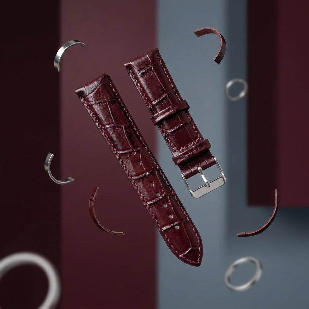Omax 22mm Burgundy Croco Genuine Leather Watch Strap with Silver Buckle | Quick Release | FS354-BG-22-S