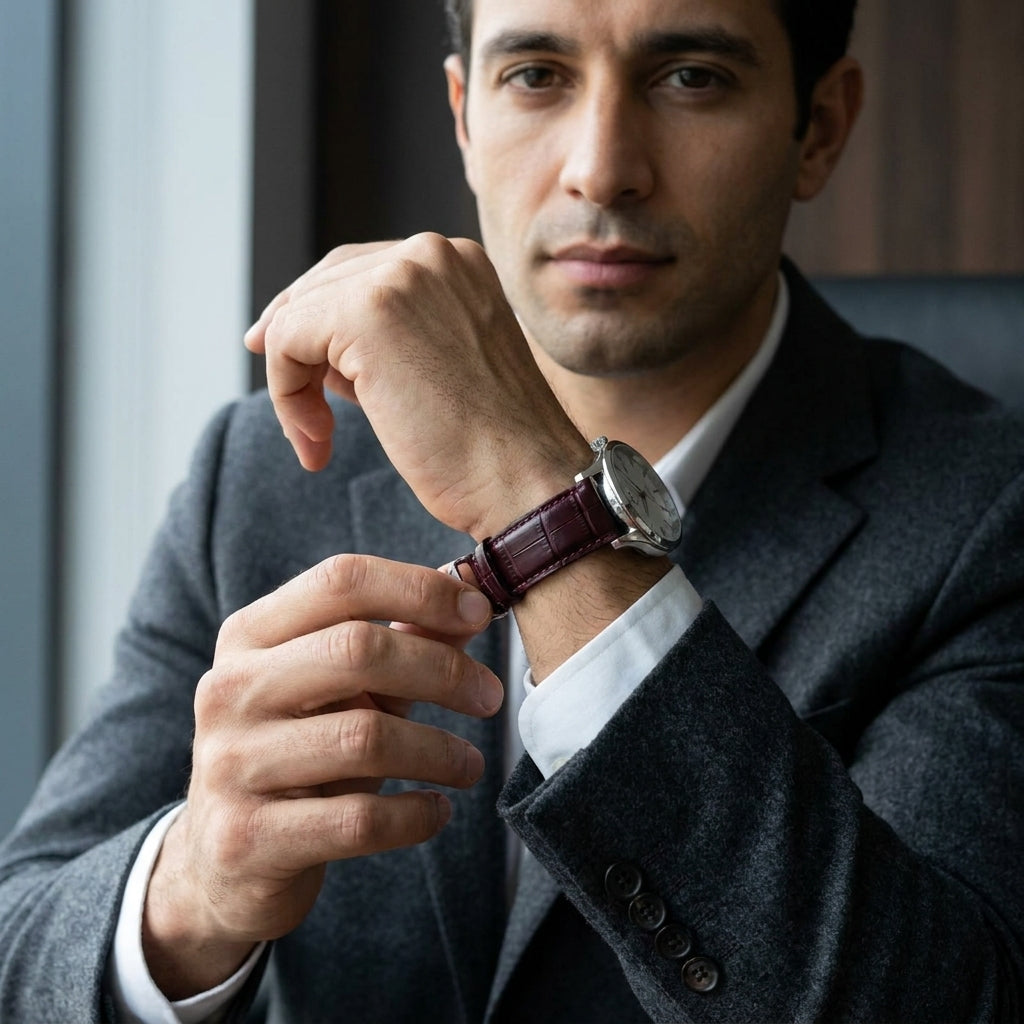 Omax 22mm Burgundy Croco Genuine Leather Watch Strap with Silver Buckle | Quick Release | FS354-BG-22-S