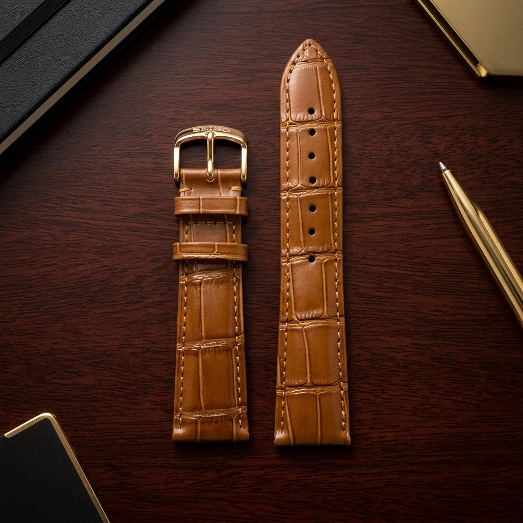 Omax Mustard Croco Genuine Leather Watch Strap – Golden Buckle, Quick-Release | FS354