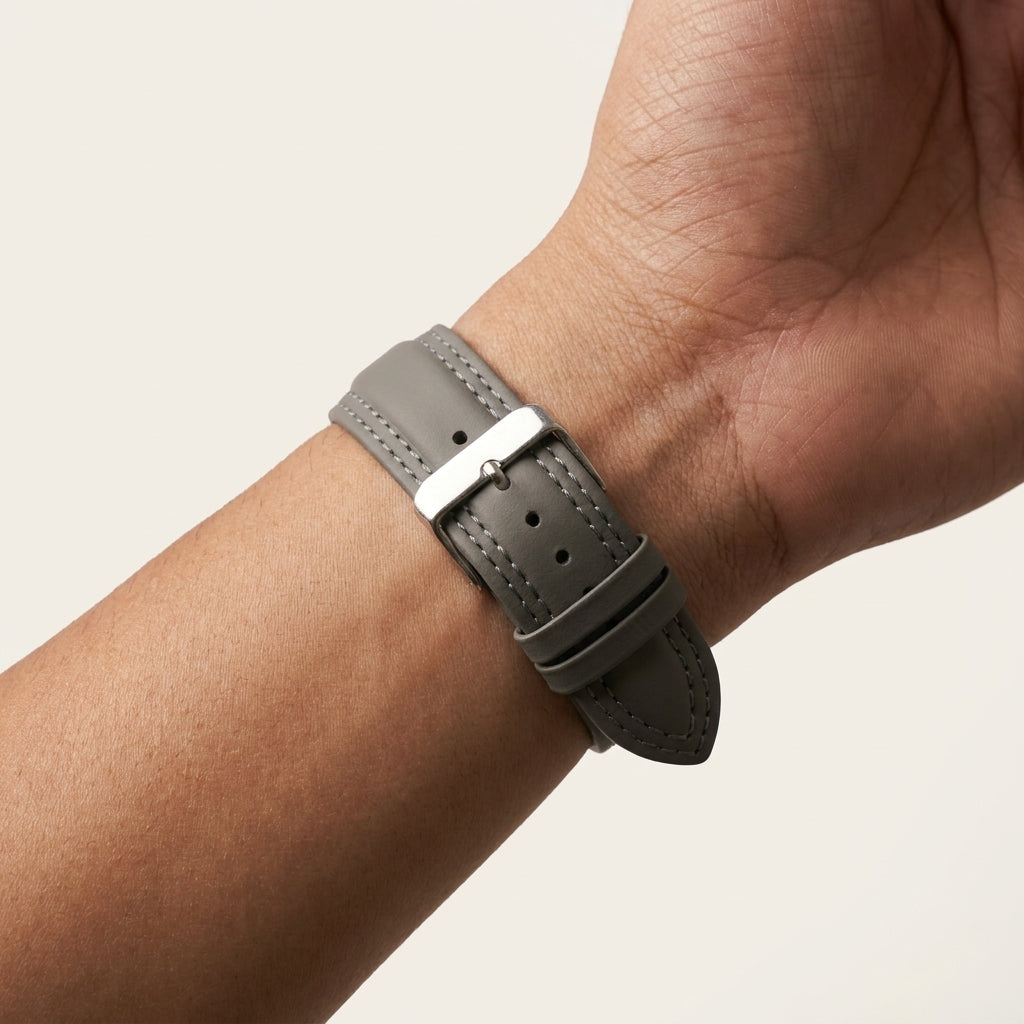 Omax Grey Solid Genuine Leather Watch Strap Double Stitch for Quick Release and Self Changeable| FS348